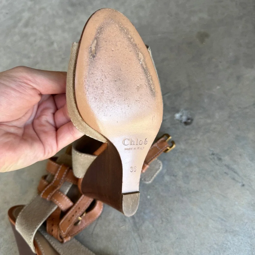 Chloe Tan Leather Canvas Wedge Sandals Peep Toe Ankle Strap Heels Size 36 Italy - Picture 4 of 5